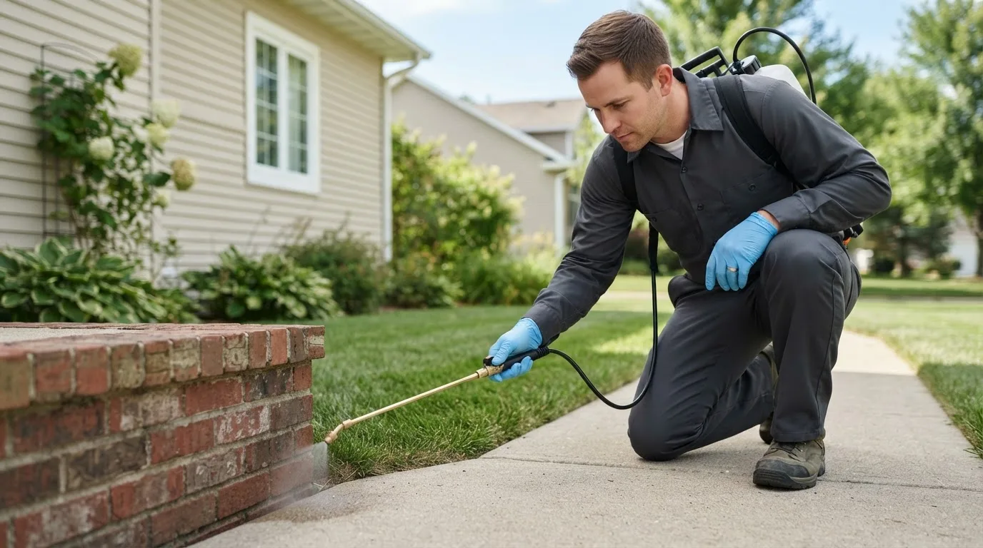 Pest control technician treating a home near Xenia, OH
