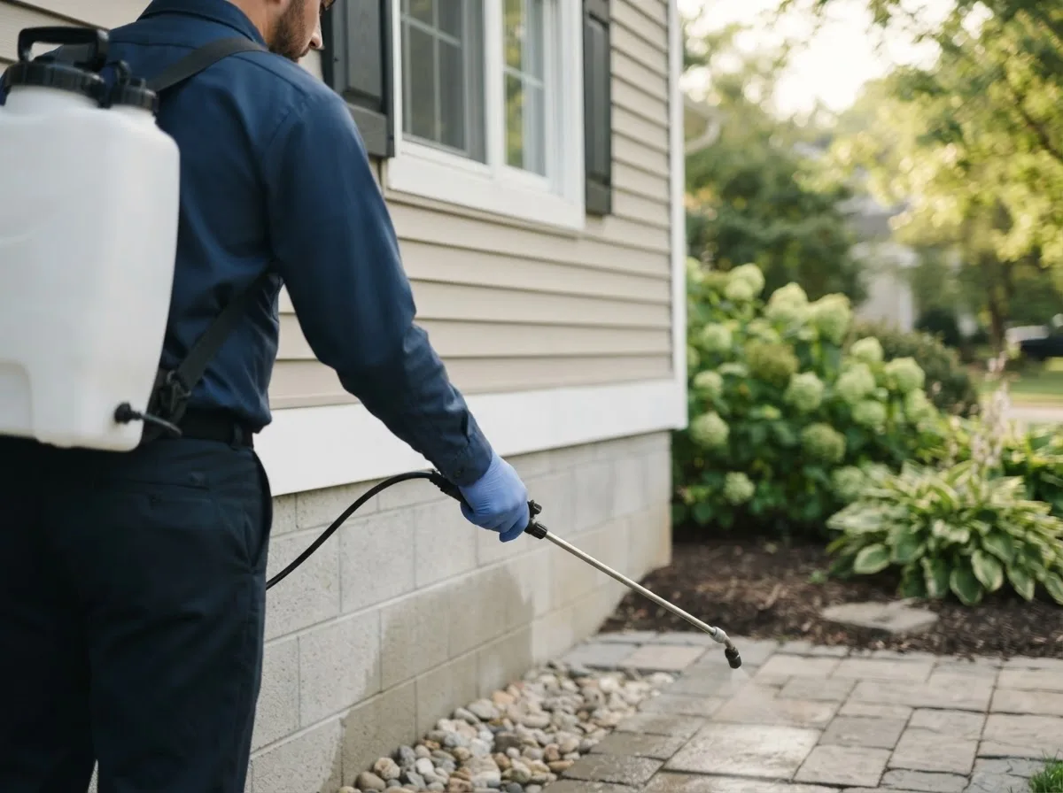 Pest control technician inspecting a home in Xenia, OH